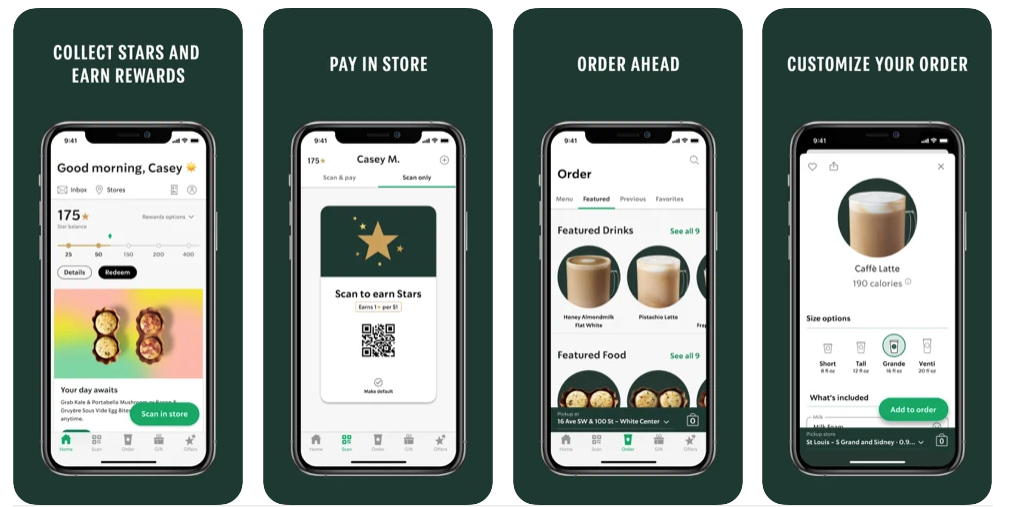 Four screenshots of the My Starbucks app showing its different features