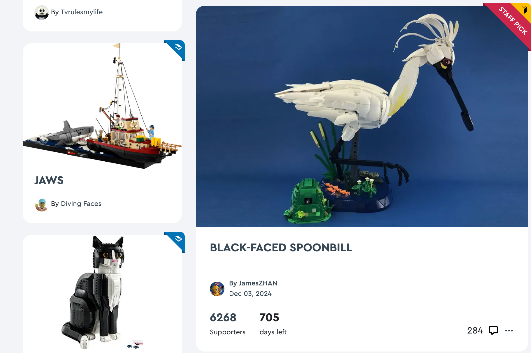 LEGOS IDEAS home page screenshot showing community support for a number of LEGO creations including a black-faced spoonbill